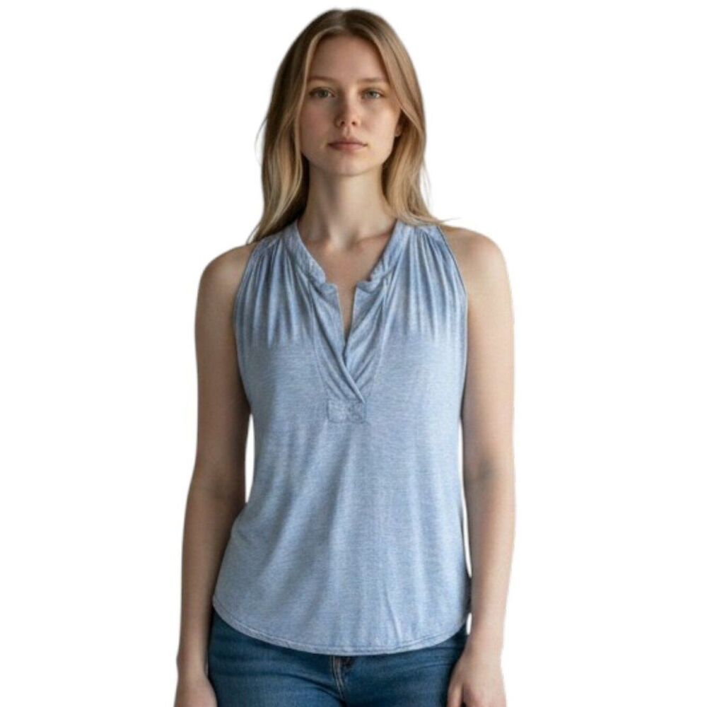 Wilfred Aritzia Blue Sleeveless V Neck Tank Top Size S Gathered Back Ruffle Neck